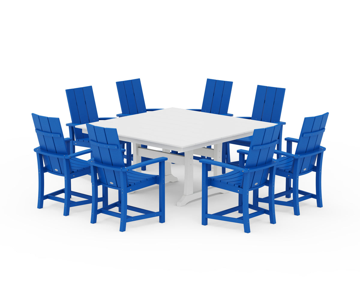 POLYWOOD Modern Adirondack 9-Piece Farmhouse Trestle Dining Set in Pacific Blue / White