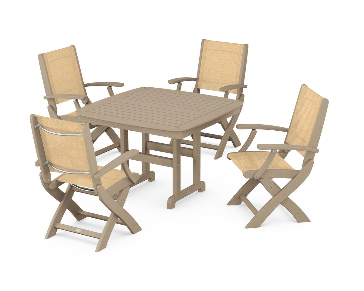 POLYWOOD Coastal Folding Chair 5-Piece Dining Set with Nautical 44" Dining Table in Vintage Sahara / Dupioni Apricot