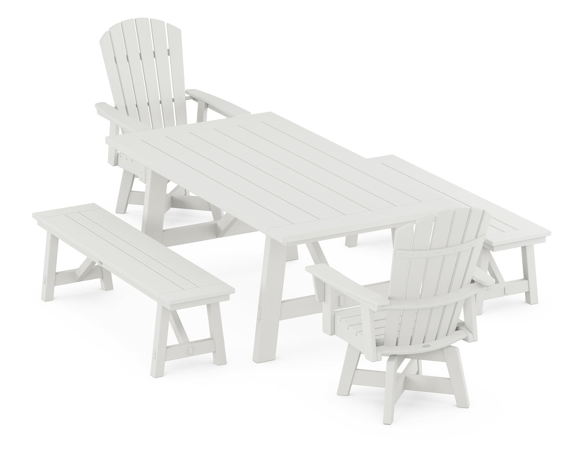 POLYWOOD Nautical Curveback Adirondack Swivel Chair 5-Piece Rustic Farmhouse Dining Set with Benches in Vintage White