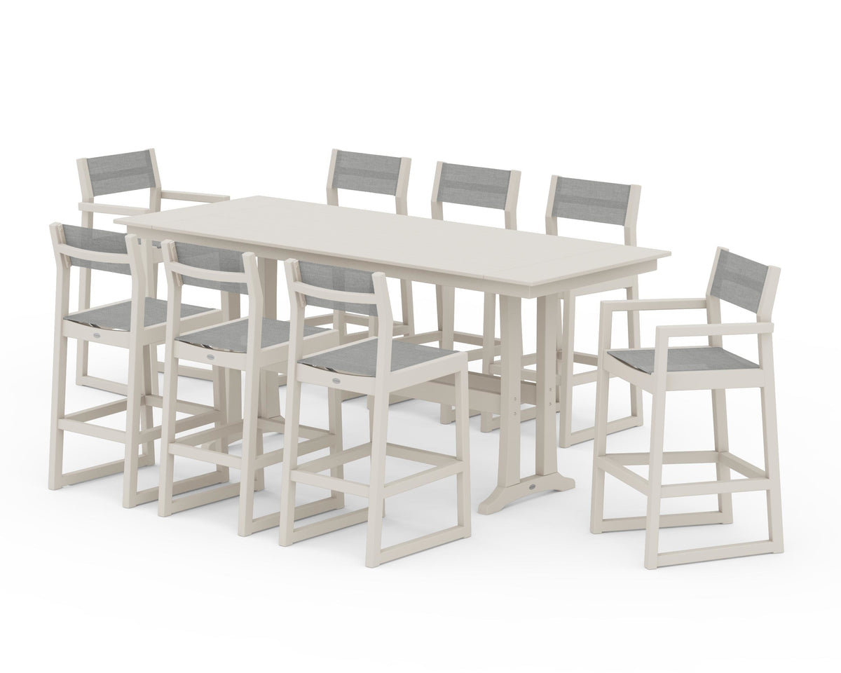 POLYWOOD EDGE Sling 9-Piece Farmhouse Bar Set with Trestle Legs in Sand / Metallic