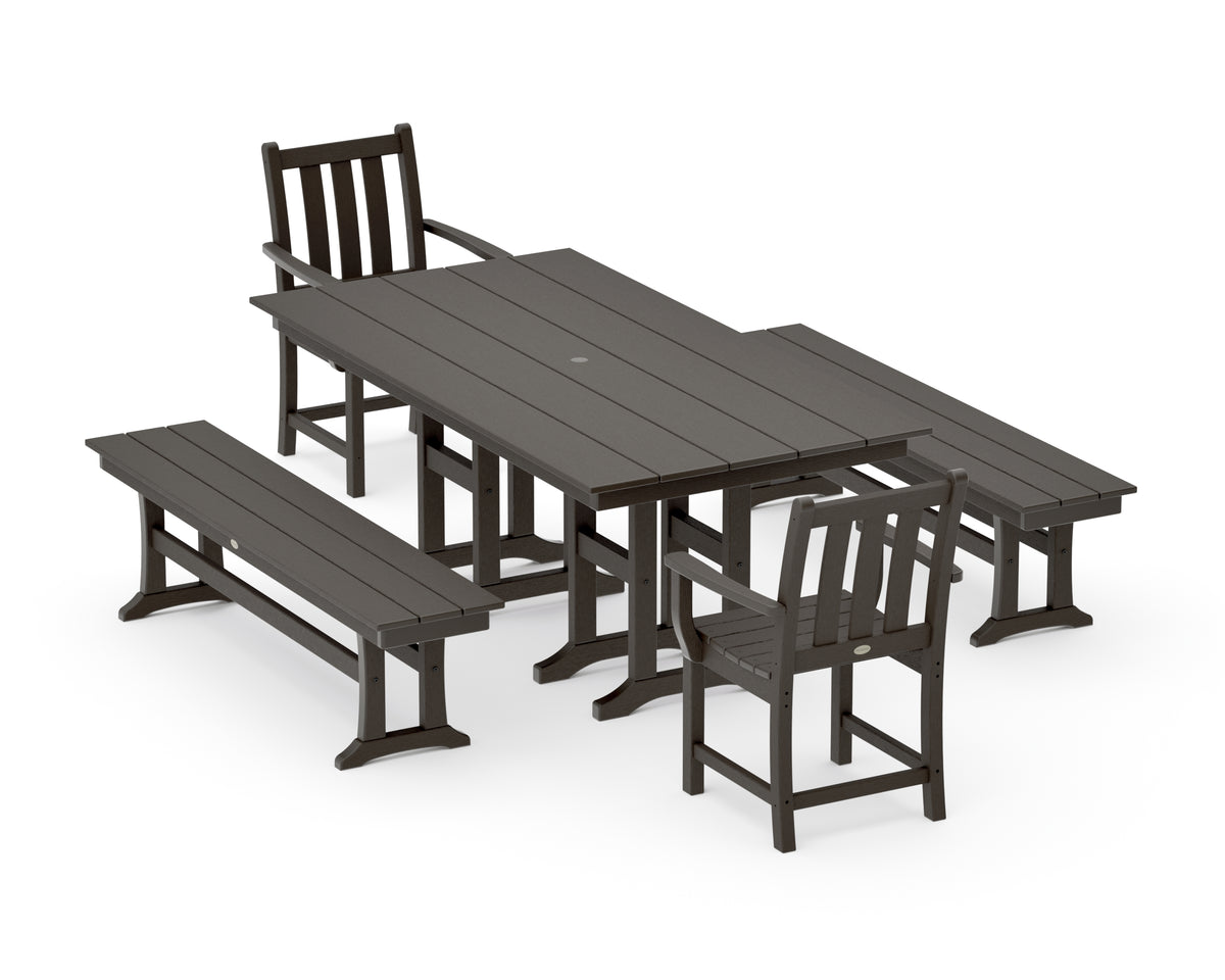 POLYWOOD Traditional Garden 5-Piece Farmhouse Dining Set with Benches in Vintage Coffee