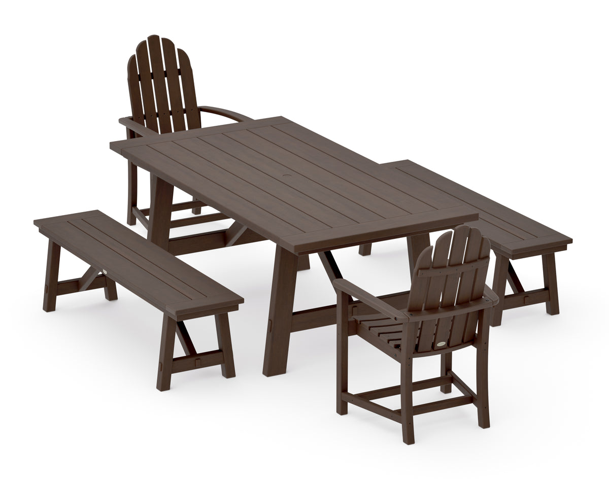 POLYWOOD Classic Adirondack 5-Piece Rustic Farmhouse Dining Set with Benches in Kona