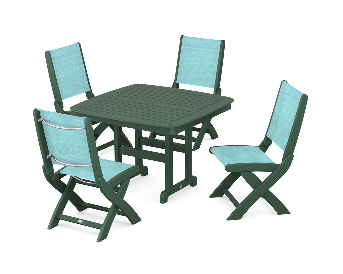 POLYWOOD Coastal Folding Side Chair 5-Piece Dining Set with Nautical 44" Dining Table in Green / Dupioni Aquamarine
