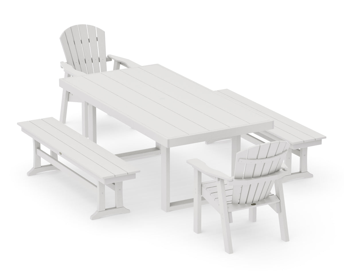 POLYWOOD Seashell 5-Piece Dining Set with Benches - 40" x 78" Table in Vintage White