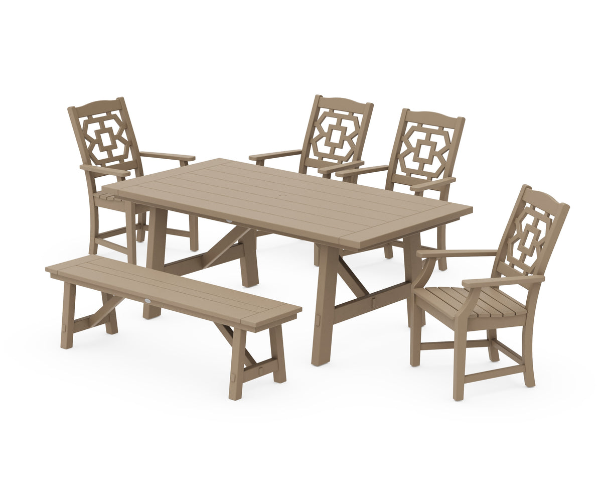 POLYWOOD Chinoiserie 6-Piece Rustic Farmhouse Dining Set with Bench in Vintage Sahara