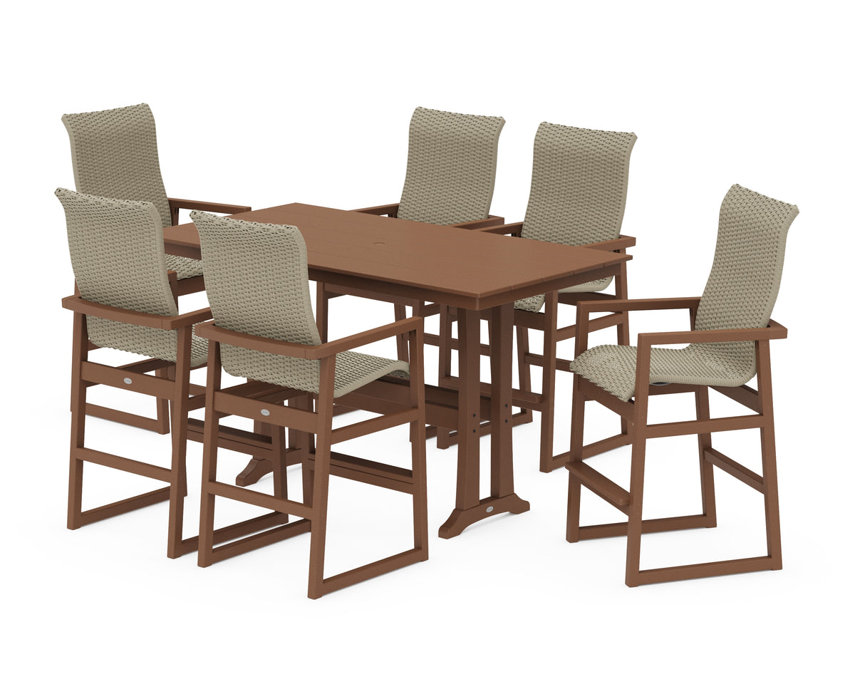 POLYWOOD EDGE Woven Highback Arm Chair 7-Piece Farmhouse Bar Set with Trestle Legs in Teak / Dune Grass