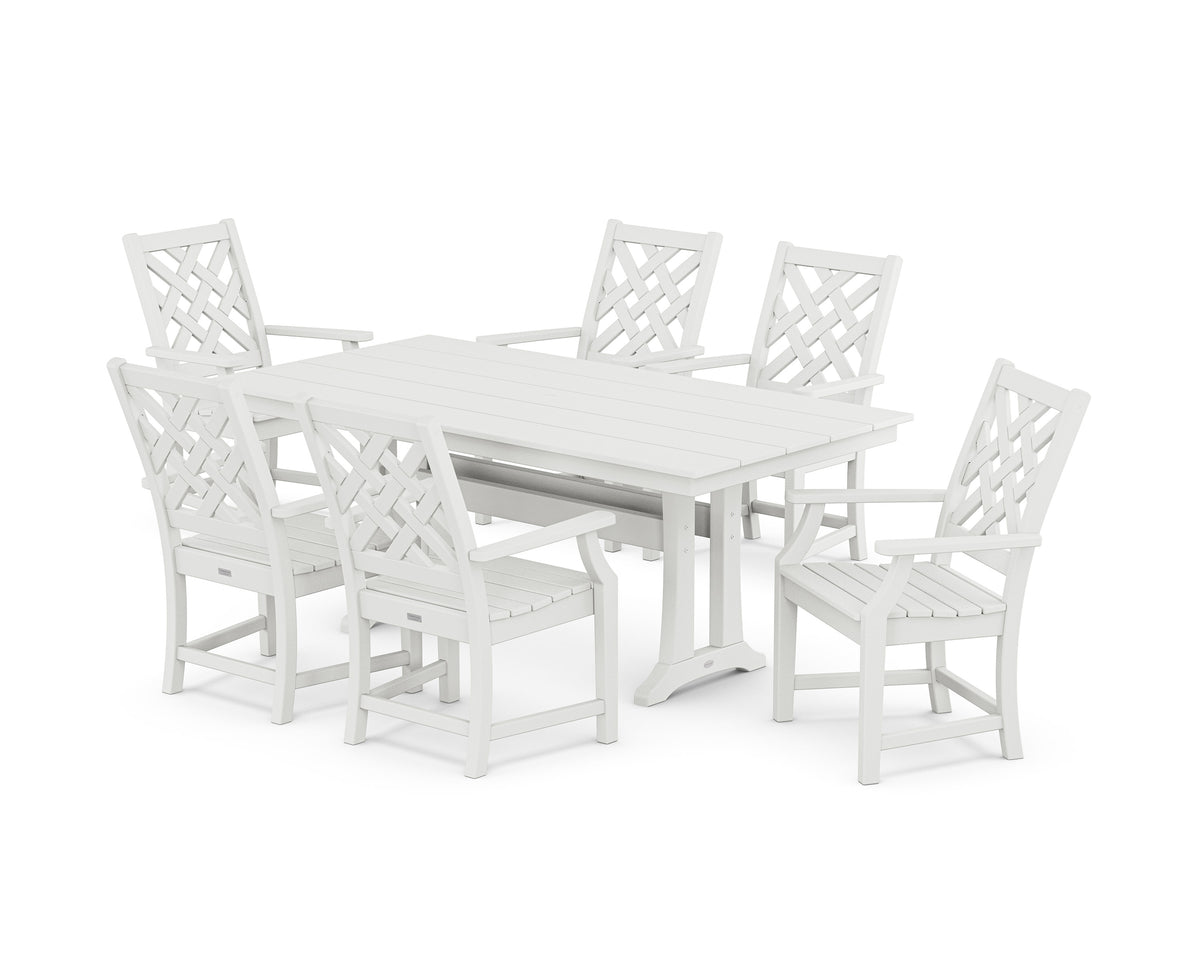 POLYWOOD Wovendale Arm Chair 7-Piece Farmhouse Dining Set with Trestle Legs in White