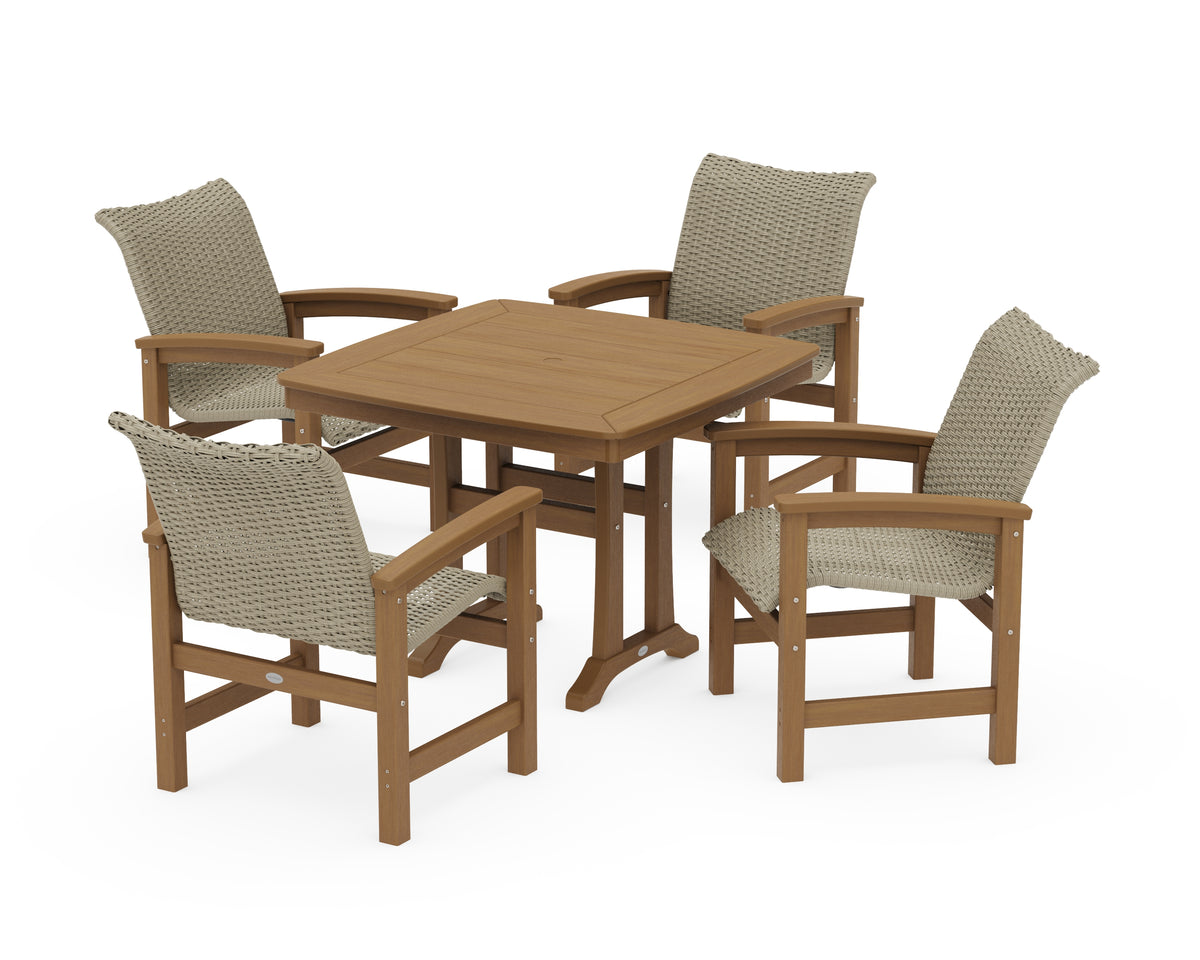 POLYWOOD Coastal Woven 5-Piece Dining Set with Trestle Legs in Natural / Dune Grass