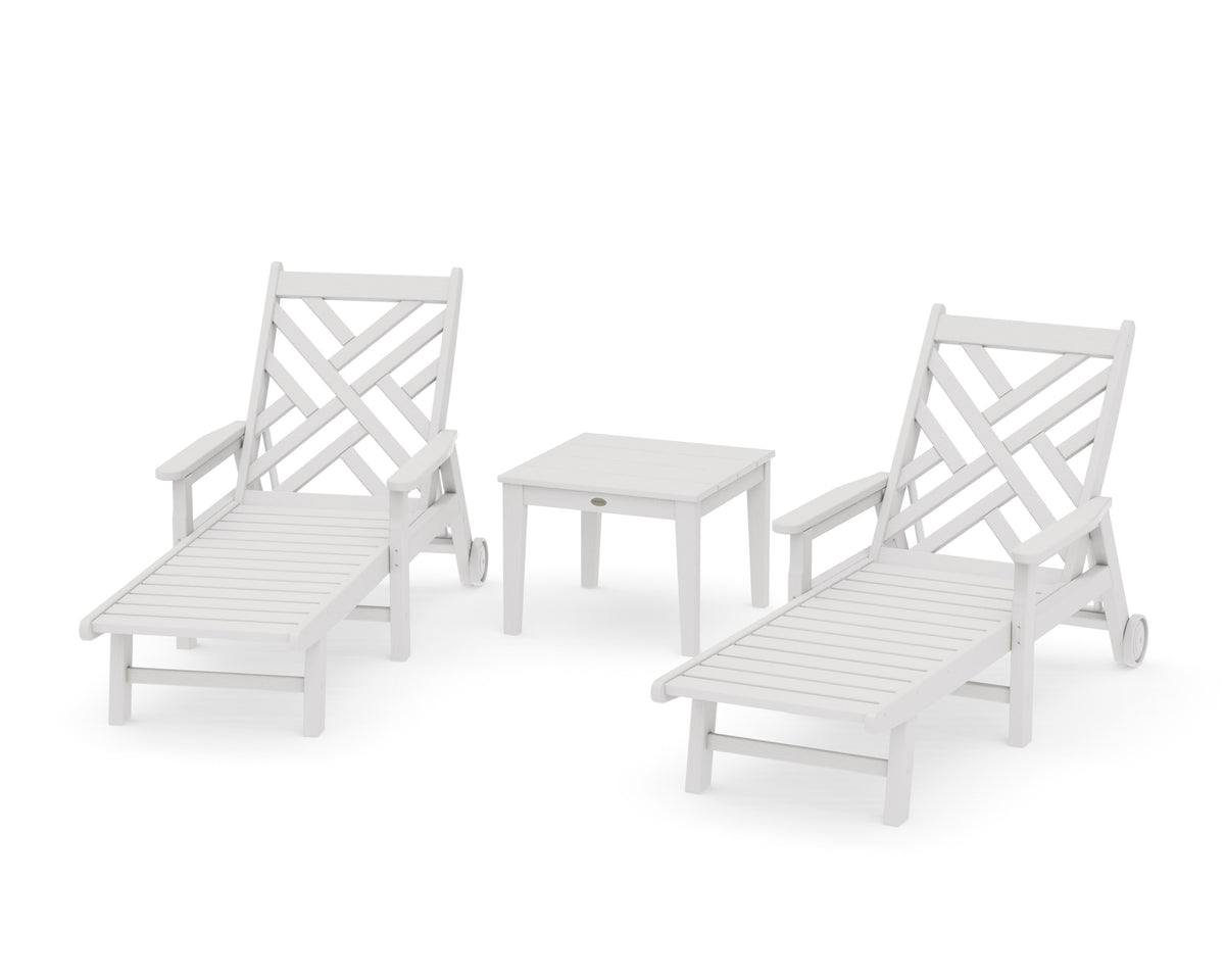 POLYWOOD Chippendale 3-Piece Chaise Set with Arms and Wheels in Vintage White