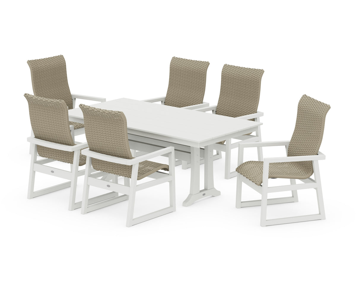 POLYWOOD EDGE Woven High-Back Arm Chair 7-Piece Farmhouse Dining Set with Trestle Legs in White / Dune Grass