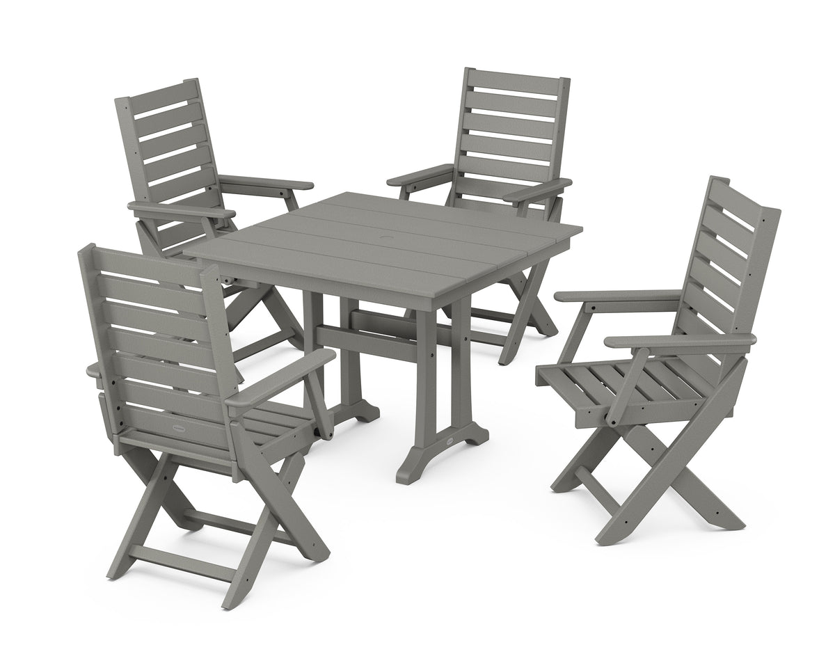 POLYWOOD Captain Folding Chair 5-Piece Farmhouse Dining Set with Trestle Legs - 37" Table in Slate Grey