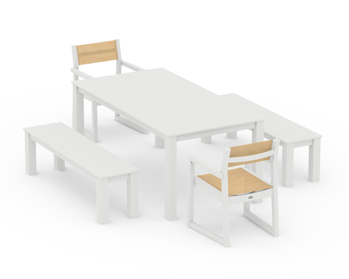POLYWOOD EDGE Sling Arm Chair 5-Piece Parsons Dining Set with Benches in Vintage White / Dupioni Apricot