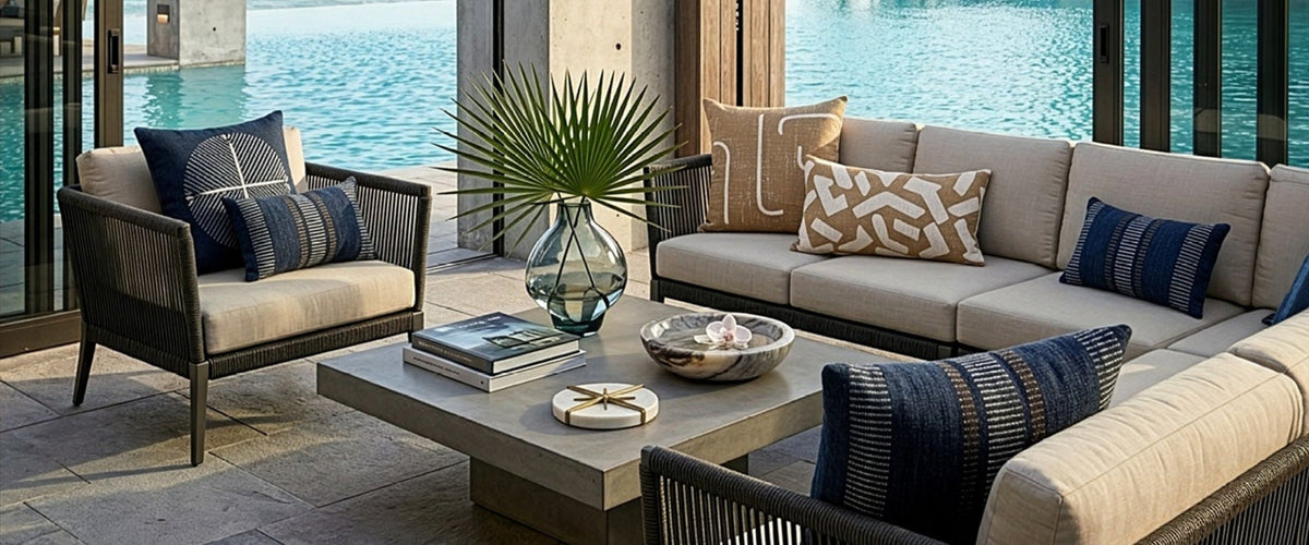 Elaine Smith pillows on poolside outdoor seating