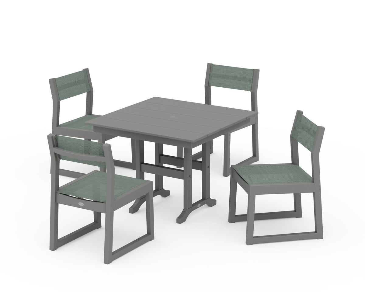 POLYWOOD EDGE Sling Side Chair 5-Piece Farmhouse Dining Set in Slate Grey / Dupioni Sea Mist
