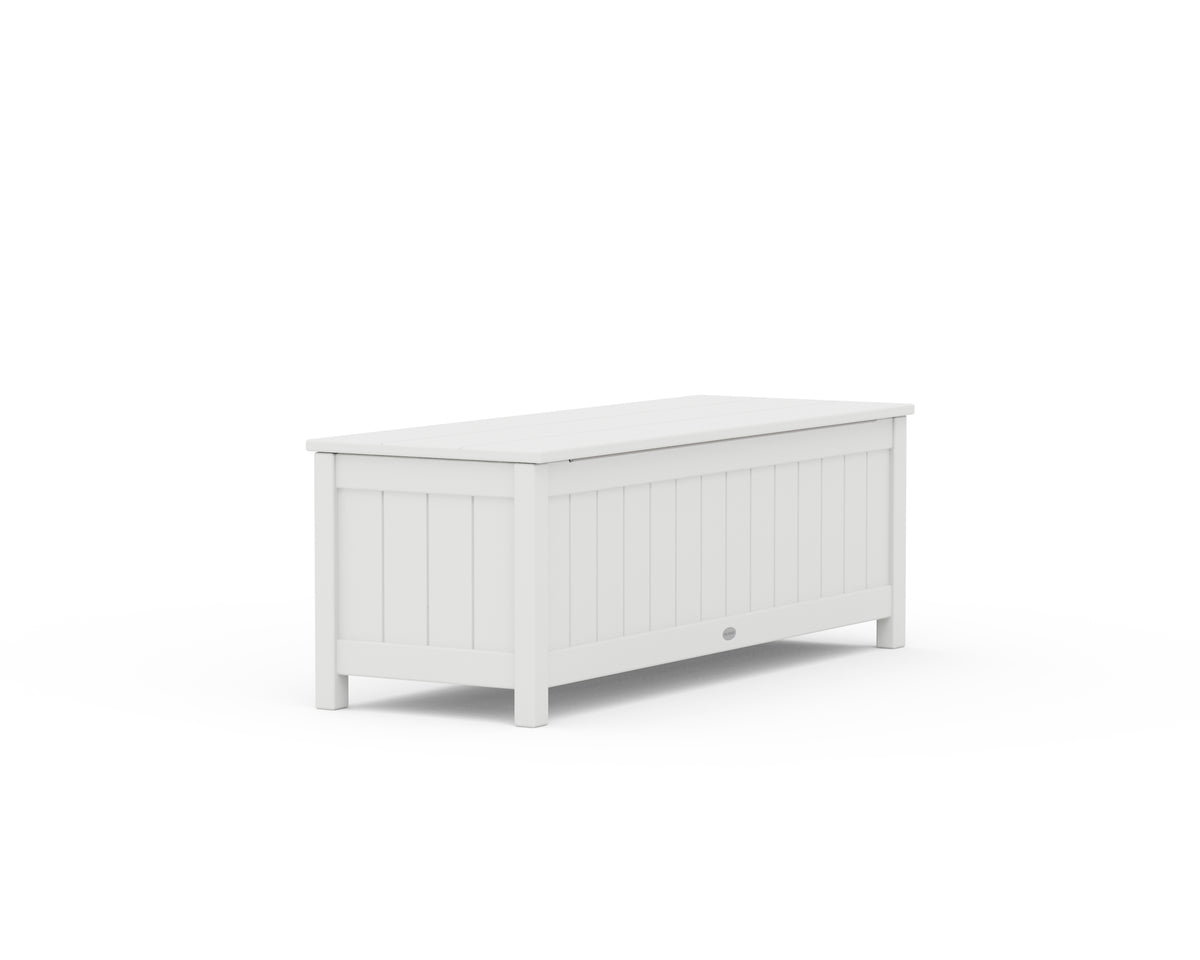 Angled rear view of the POLYWOOD Vineyard 48" Storage Bench in White