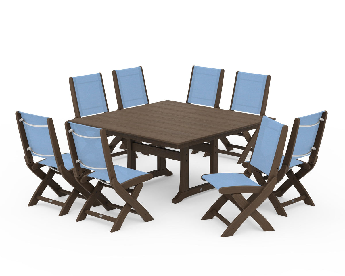 POLYWOOD Coastal Folding Side Chair 9-Piece Farmhouse Dining Set in Kona / Poolside