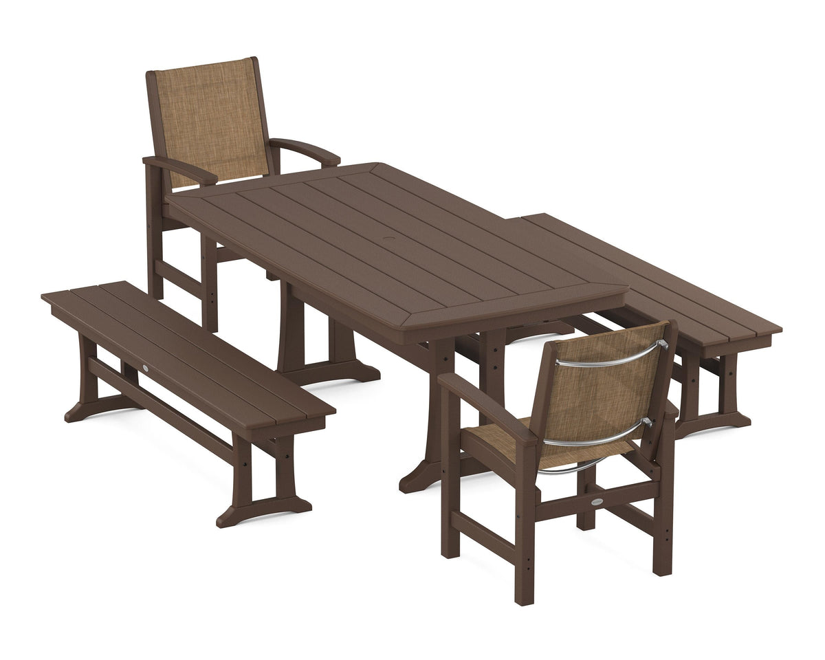 POLYWOOD Coastal 5-Piece Dining Set with Trestle Legs and Benches in Mahogany / Burlap