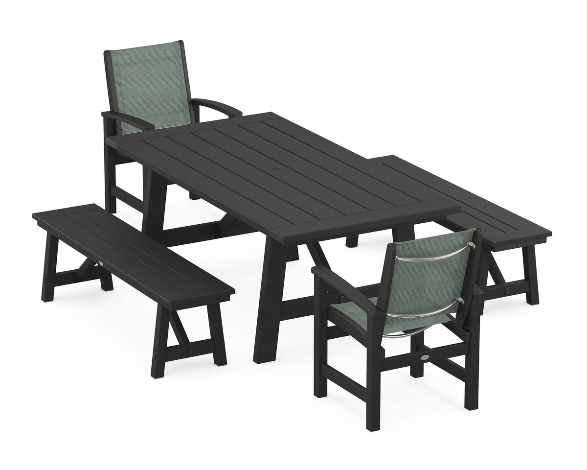 POLYWOOD Coastal 5-Piece Rustic Farmhouse Dining Set With Benches in Black / Dupioni Sea Mist