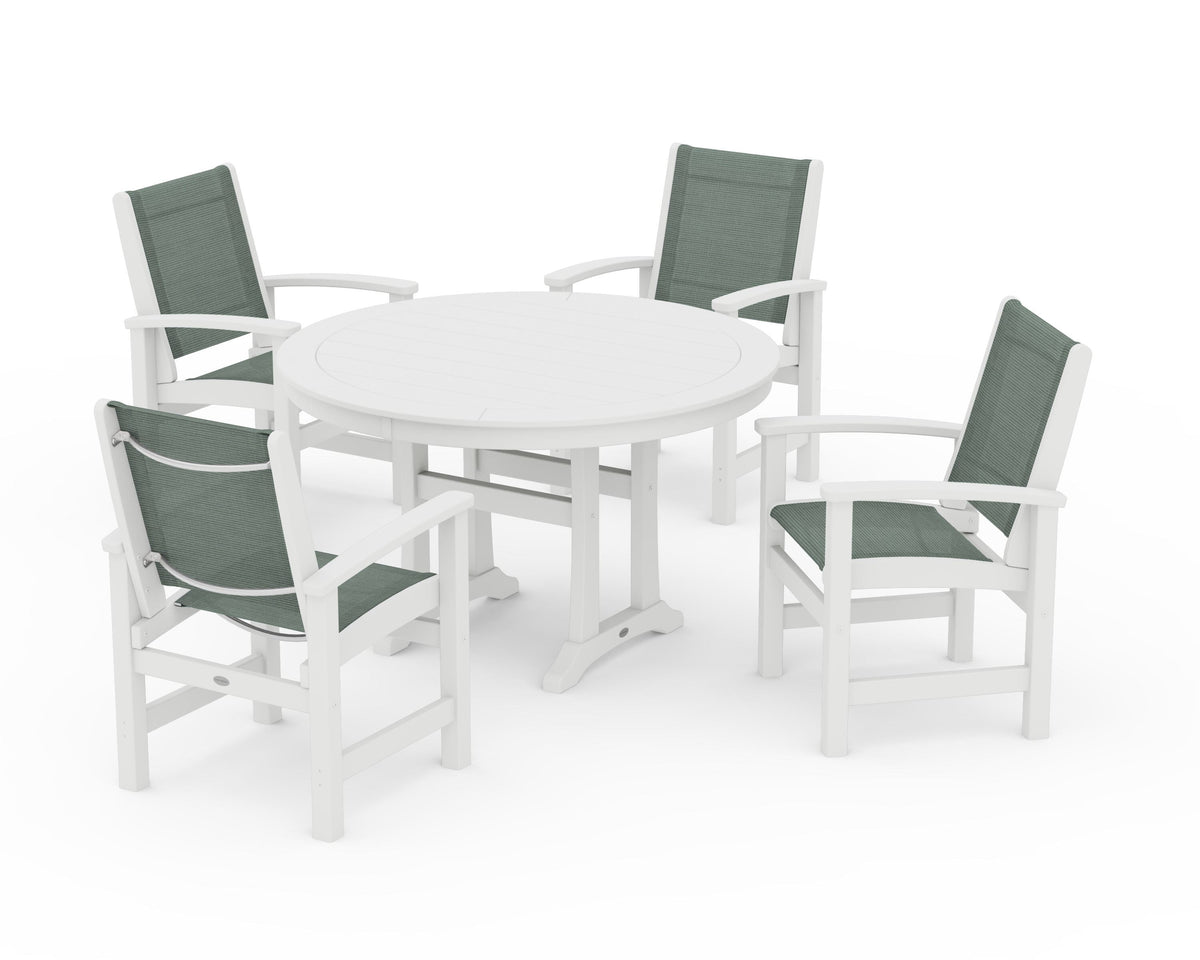 POLYWOOD Coastal 5-Piece Round Dining Set with Trestle Legs in White / Dupioni Sea Mist