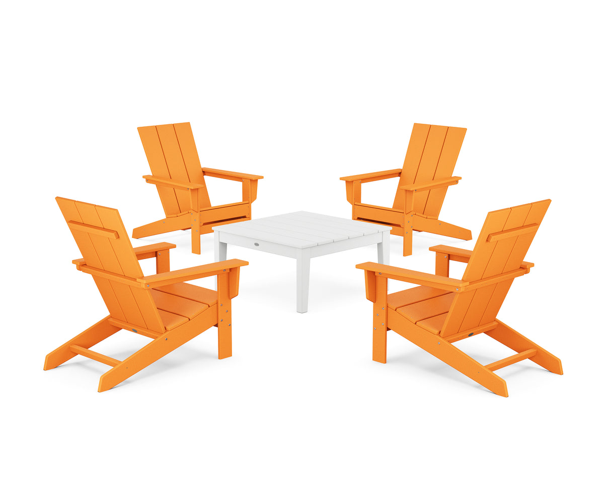 POLYWOOD 5-Piece Modern Studio Adirondack Chair Conversation Group in Tangerine / White