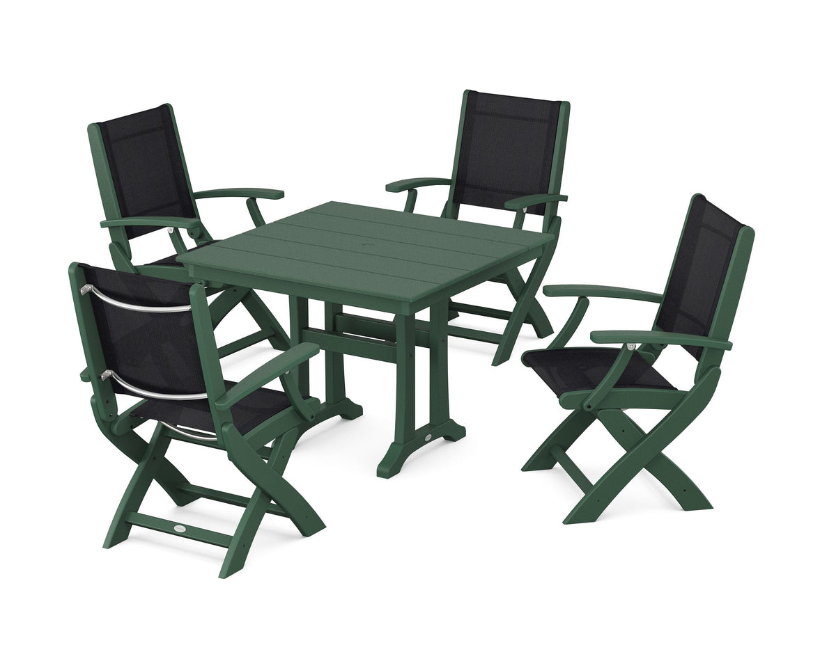 POLYWOOD Coastal Folding Chair 5-Piece Farmhouse Dining Set With Trestle Legs in Green / Black