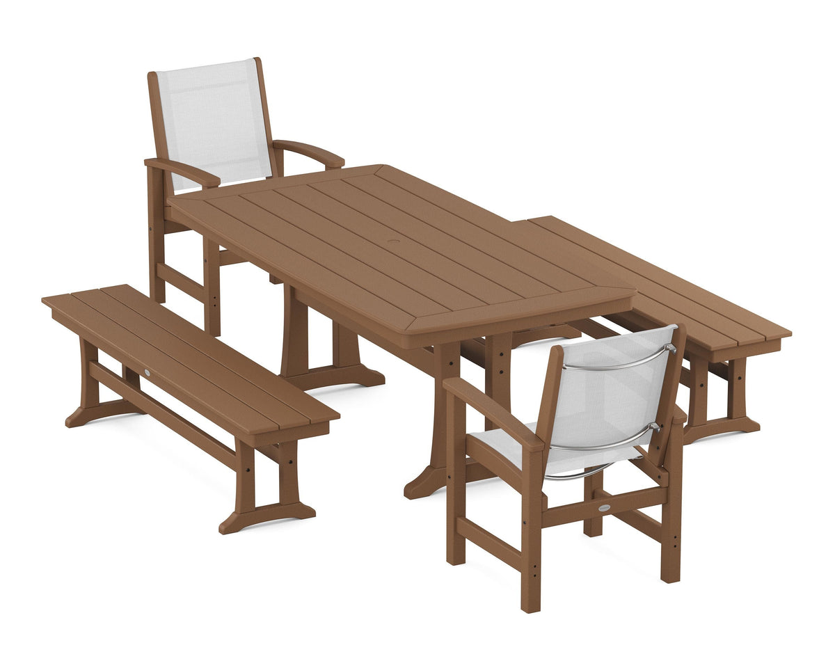 POLYWOOD Coastal 5-Piece Dining Set with Trestle Legs and Benches in Teak / White