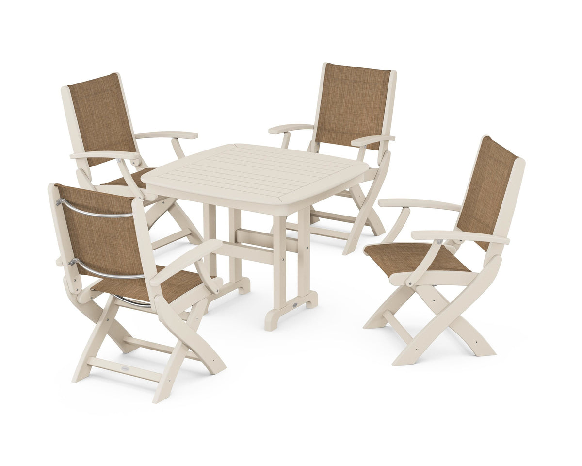 POLYWOOD Coastal Folding Chair 5-Piece Dining Set with Nautical 37" Dining Table in Sand / Burlap