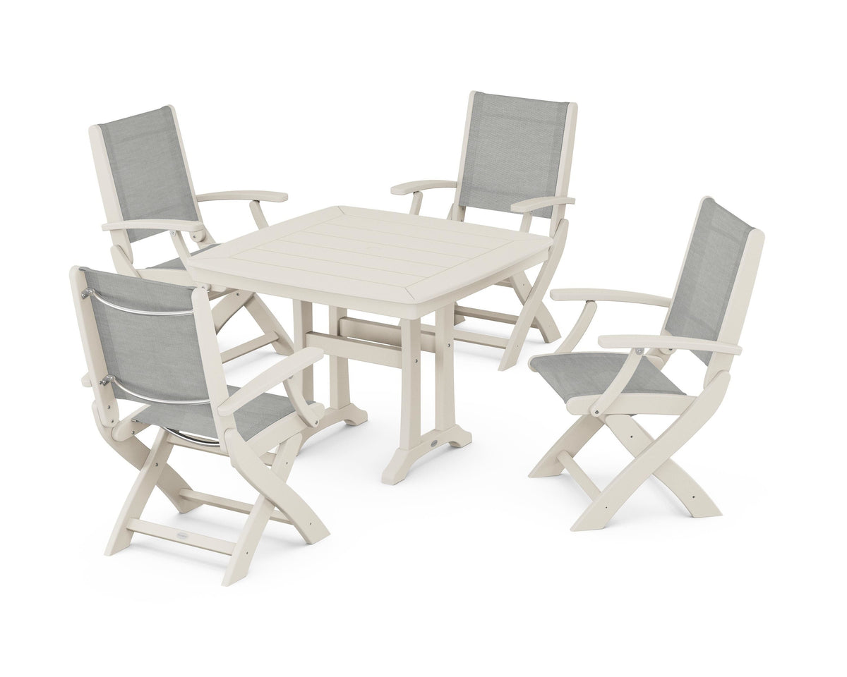 POLYWOOD Coastal Folding Chair 5-Piece Dining Set with Trestle Legs in Sand / Metallic