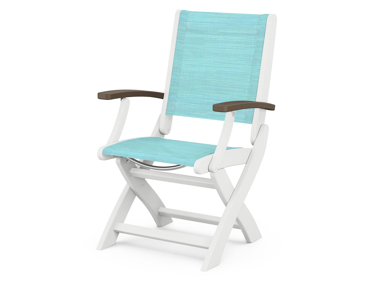 POLYWOOD Coastal Folding Chair in White with Kona arms and Dupioni Aquamarine sling