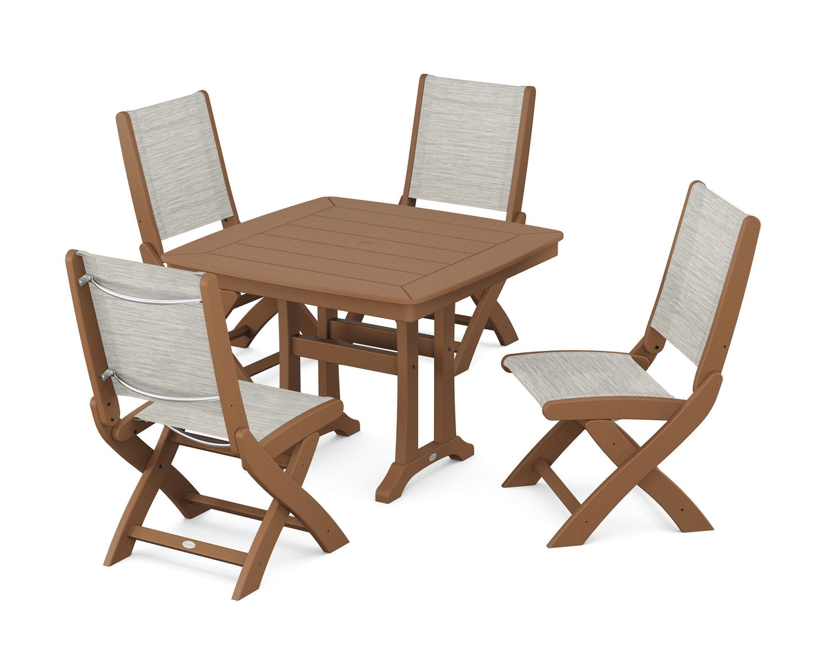 POLYWOOD Coastal Folding Side Chair 5-Piece Dining Set with Trestle Legs in Teak / Birch