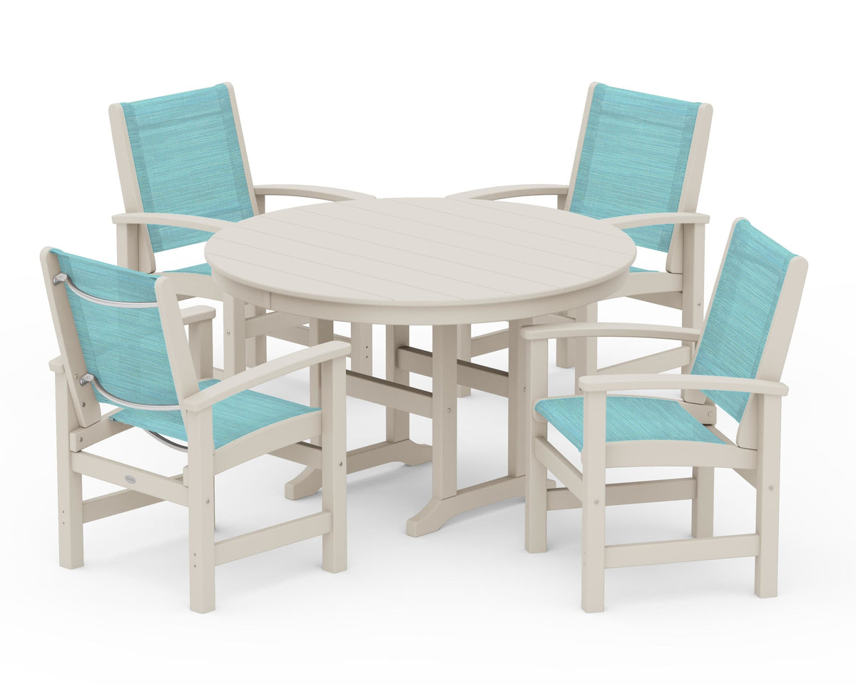 POLYWOOD Coastal 5-Piece Round Farmhouse Dining Set in Sand / Dupioni Aquamarine