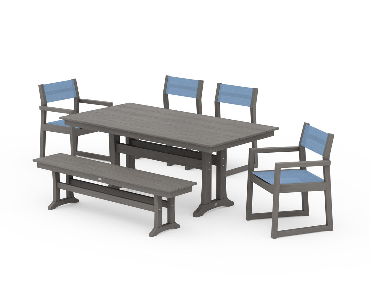 POLYWOOD EDGE Sling 6-Piece Farmhouse Dining Set With Trestle Legs in Driftwood / Poolside