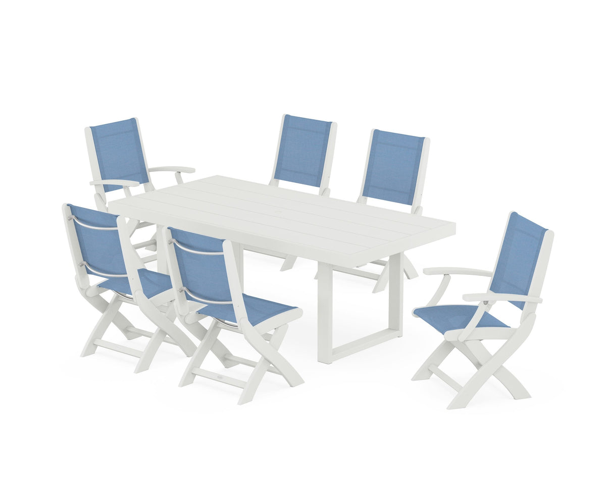 POLYWOOD Coastal Folding Chair 7-Piece Dining Set with Trestle Legs with EDGE 40" x 78" Dining Table in Vintage White / Poolside