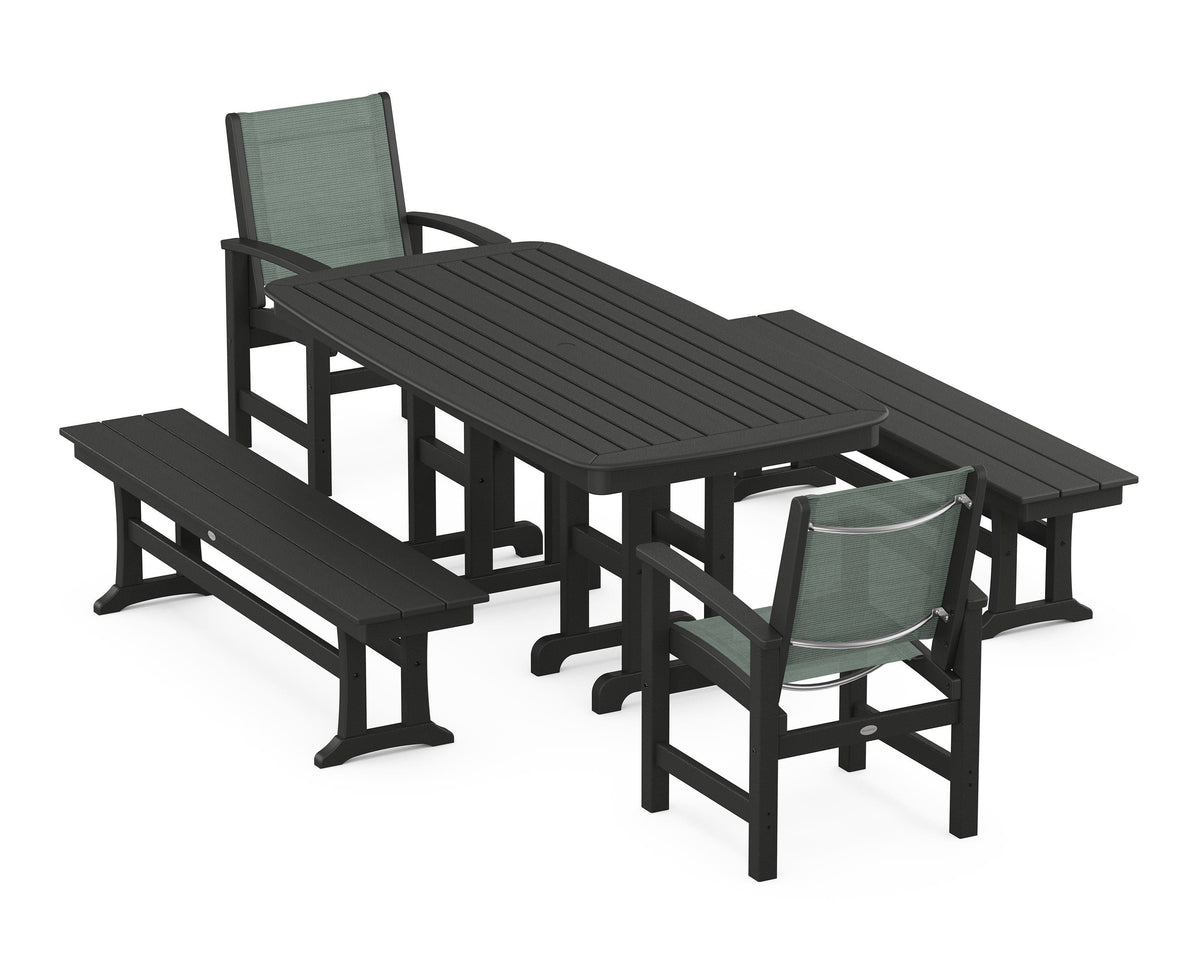 POLYWOOD Coastal 5-Piece Dining Set with Nautical 37" x 72" Dining Table in Black / Dupioni Sea Mist