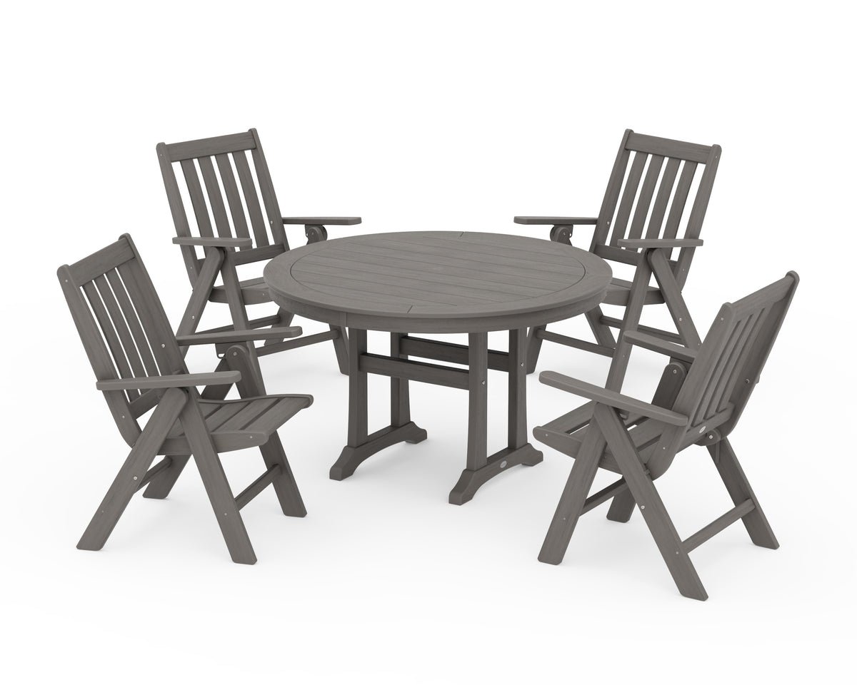 POLYWOOD Vineyard Folding Chair 5-Piece Round Dining Set with Trestle Legs in Driftwood