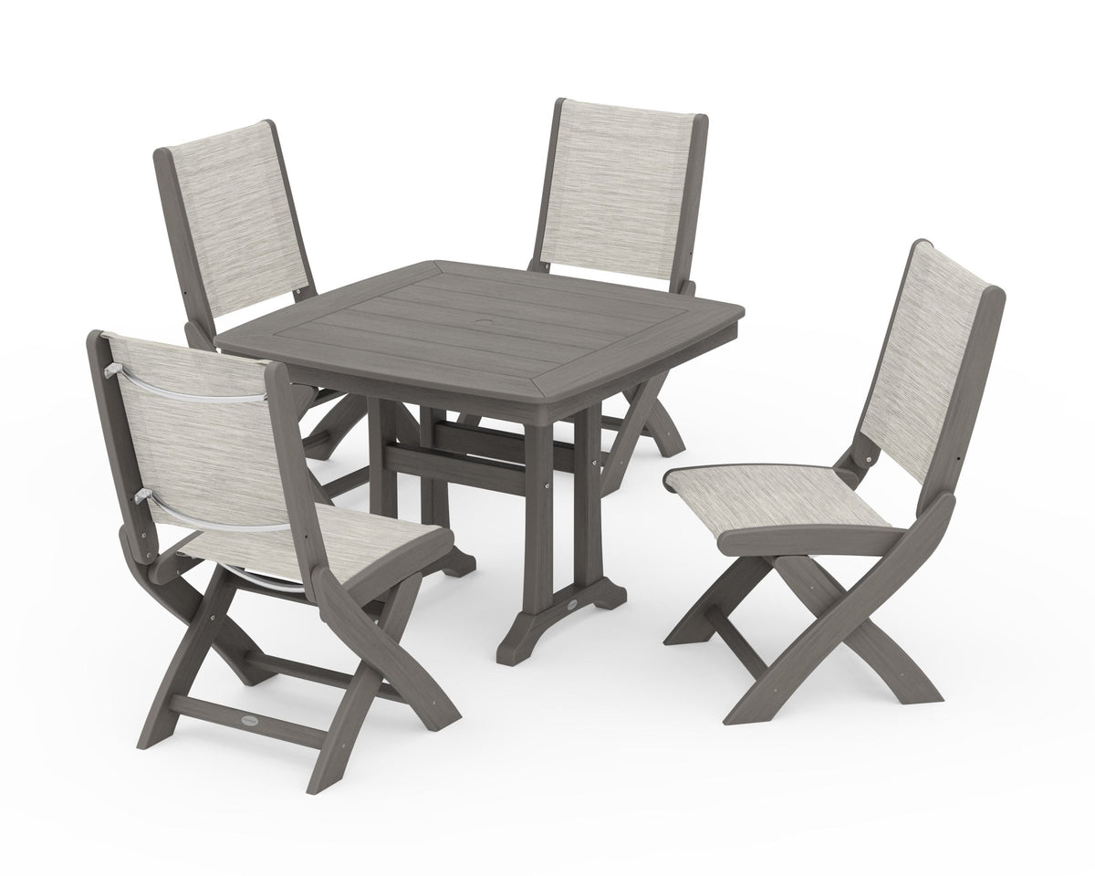 POLYWOOD Coastal Folding Side Chair 5-Piece Dining Set with Trestle Legs in Driftwood / Birch
