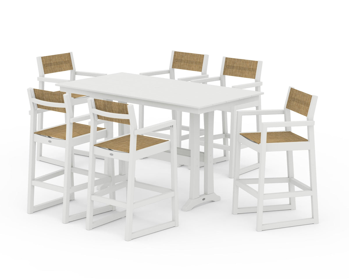 POLYWOOD EDGE Sling Arm Chair 7-Piece Farmhouse Bar Set with Trestle Legs in Vintage White / Burlap