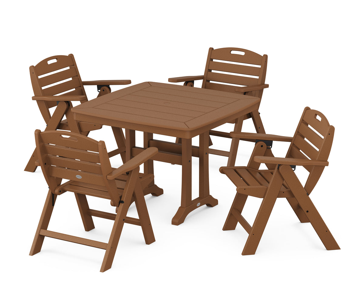 POLYWOOD Nautical Folding Lowback Chair 5-Piece Dining Set with Trestle Legs - 37" Table in Teak