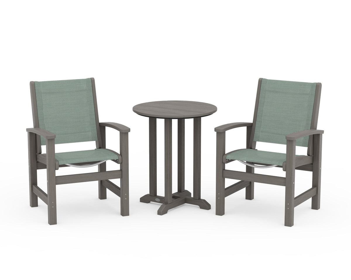 POLYWOOD Coastal 3-Piece Round Bistro Dining Set in Driftwood / Dupioni Sea Mist