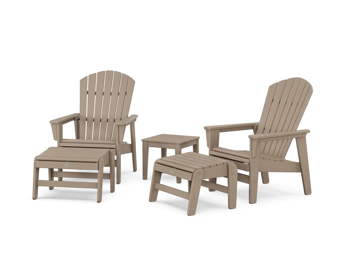 POLYWOOD 5-Piece Nautical Grand Upright Adirondack Set with Ottomans and Side Table in Vintage Sahara