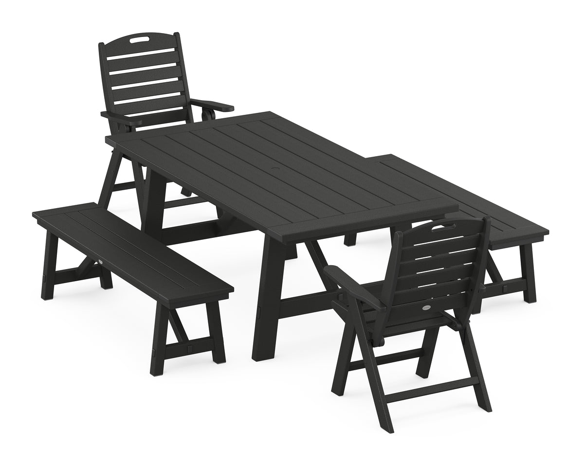 POLYWOOD Nautical Folding Highback Chair 5-Piece Rustic Farmhouse Dining Set with Benches in Black