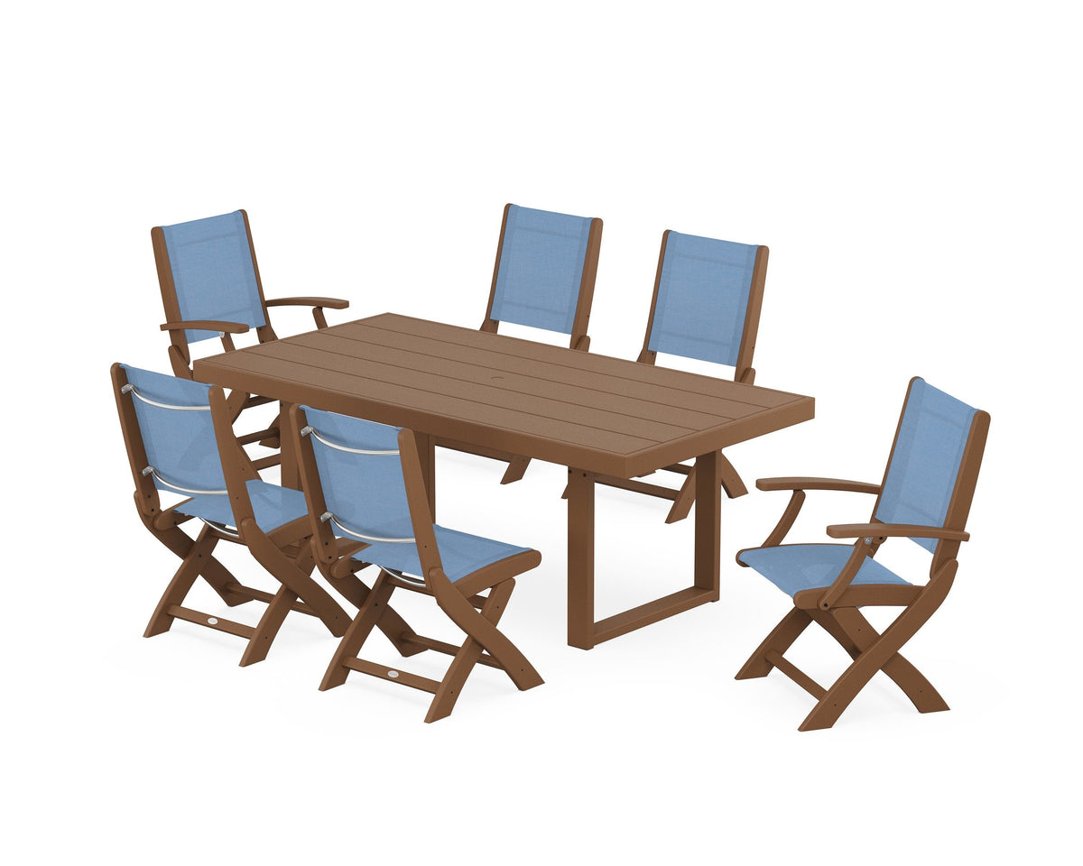 POLYWOOD Coastal Folding Chair 7-Piece Dining Set with Trestle Legs with EDGE 40" x 78" Dining Table in Teak / Poolside