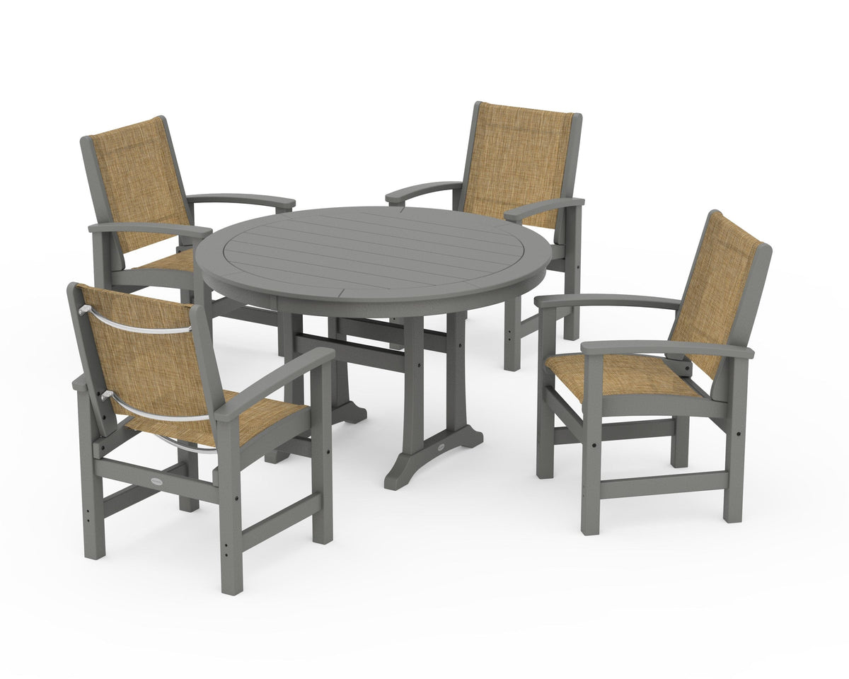 POLYWOOD Coastal 5-Piece Round Dining Set with Trestle Legs in Slate Grey / Burlap