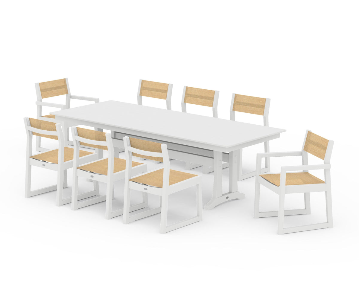 POLYWOOD EDGE Sling 9-Piece Farmhouse Trestle Dining Set in White / Dupioni Apricot