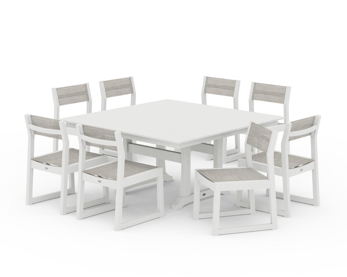 POLYWOOD EDGE Sling Side Chair 9-Piece Farmhouse Trestle Dining Set in Vintage White / Birch