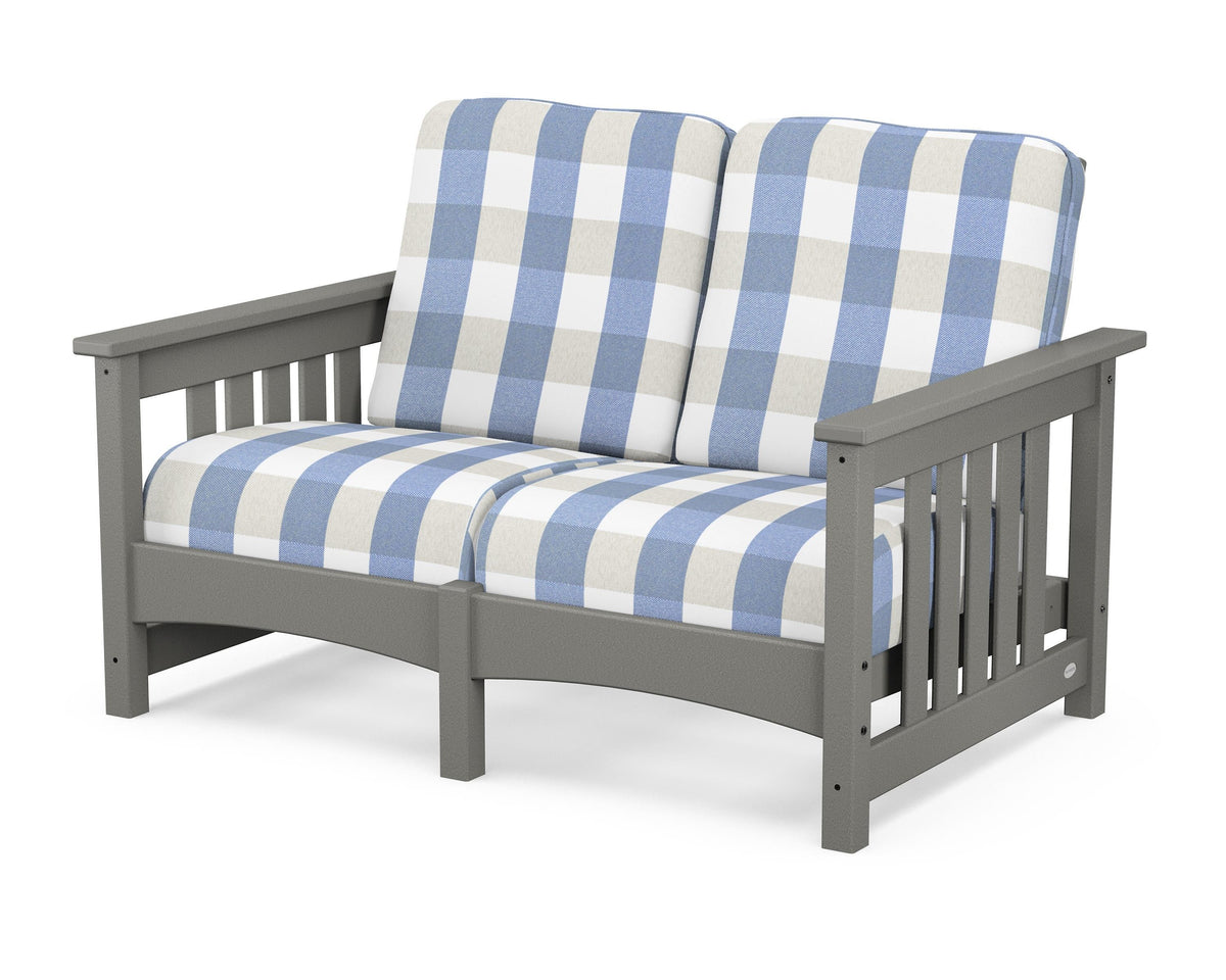 POLYWOOD Club Mission Loveseat in Slate Grey / Buffalo Plaid Sky Blue