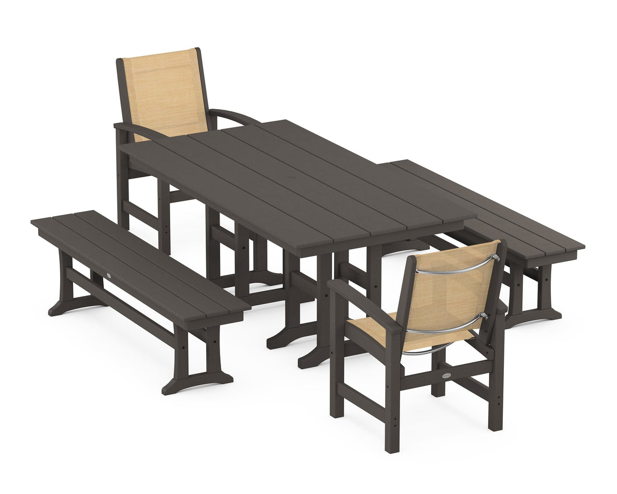 POLYWOOD Coastal 5-Piece Farmhouse Dining Set with Farmhouse 37" x 72" Dining Table in Vintage Coffee / Dupioni Apricot