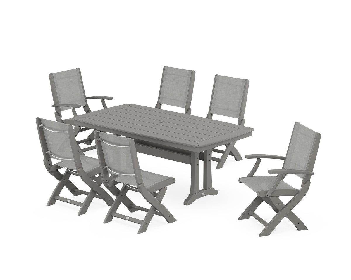 POLYWOOD Coastal Folding Chair 7-Piece Dining Set with Trestle Legs with Nautical Trestle 38" x 73" Dining Table in Slate Grey / Metallic