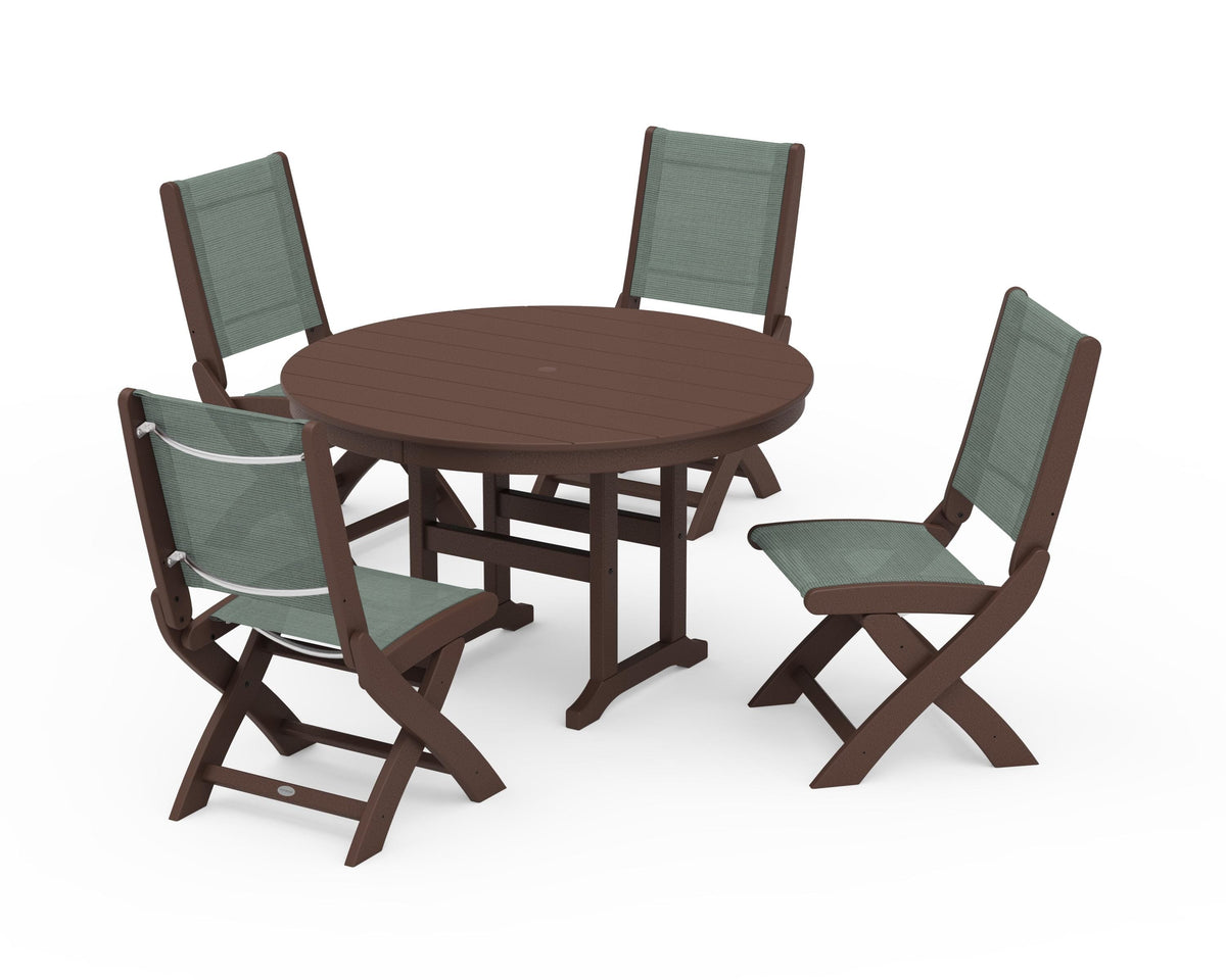 POLYWOOD Coastal Folding Side Chair 5-Piece Round Dining Set in Mahogany / Dupioni Sea Mist