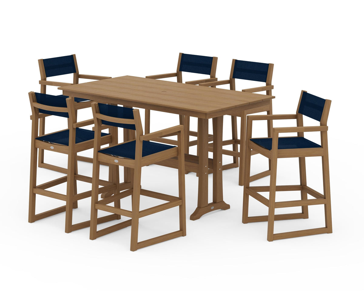 POLYWOOD EDGE Sling Arm Chair 7-Piece Farmhouse Bar Set with Trestle Legs in Natural / Navy Blue